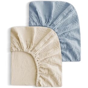 2 Pack Soft Muslin Baby Mini Crib Sheets, 100% Cotton Breathable Double Layer Fitted Sheets for Mini Crib and Pack N Play Mattresses 24x38 Inches, for Baby Girls and Boys (White & Brick