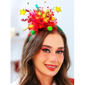 Urieo Christmas Star Headbands with LED Green Tree Xmas Headwear Tulle Christmas Balls Handmade Hair Accessory for Christmas (Red)