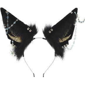 Hairband Black Cute Wolf Ears Cosplay Hair Hoop with Dangle Jewelry Woman Teens Headband for Live Broadcast Carnivals Hairband, 10x10x16cm