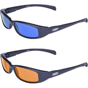 Global Vision 2 Pair New Attitude Black Sport Motorcycle Riding Sunglasses 1 with Blue Lens and 1 with Orange Lens