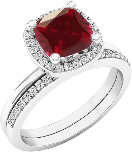 Dazzlingrock Collection 10K 7 MM Cushion Lab Created Gemstone & Round Diamond Ladies Engagement Ring Set, White Gold in Kuwait