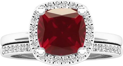 Dazzlingrock Collection 10K 7 MM Cushion Lab Created Gemstone & Round Diamond Ladies Engagement Ring Set, White Gold in Kuwait