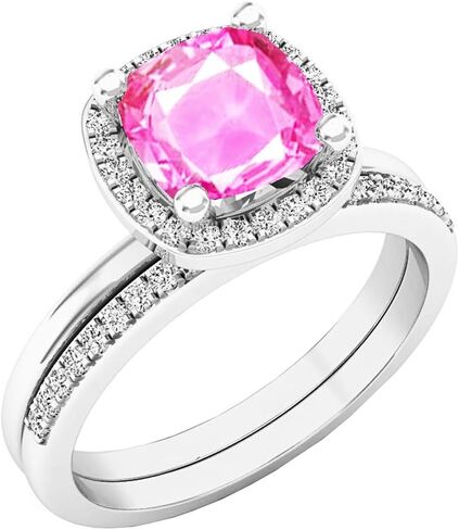 Dazzlingrock Collection 10K 7 MM Cushion Lab Created Gemstone & Round Diamond Ladies Engagement Ring Set, White Gold in Kuwait