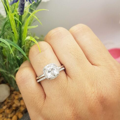 Dazzlingrock Collection 10K 7 MM Cushion Lab Created Gemstone & Round Diamond Ladies Engagement Ring Set, White Gold in Kuwait