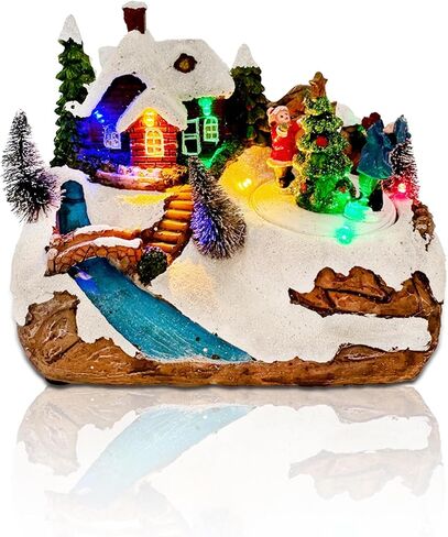 Christmas Village Collectible Buildings Lighted Christmas Houses with Rotating Christmas Tree for Christmas Holiday Indoor Decorations in Saudi Arabia