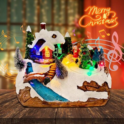 Christmas Village Collectible Buildings Lighted Christmas Houses with Rotating Christmas Tree for Christmas Holiday Indoor Decorations in Saudi Arabia