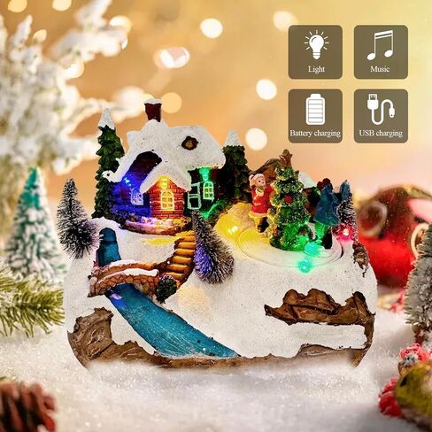 Christmas Village Collectible Buildings Lighted Christmas Houses with Rotating Christmas Tree for Christmas Holiday Indoor Decorations in Saudi Arabia