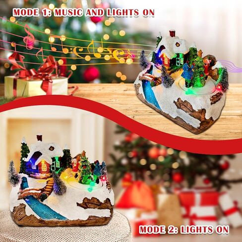 Christmas Village Collectible Buildings Lighted Christmas Houses with Rotating Christmas Tree for Christmas Holiday Indoor Decorations in Saudi Arabia