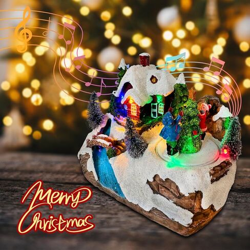 Christmas Village Collectible Buildings Lighted Christmas Houses with Rotating Christmas Tree for Christmas Holiday Indoor Decorations in Saudi Arabia