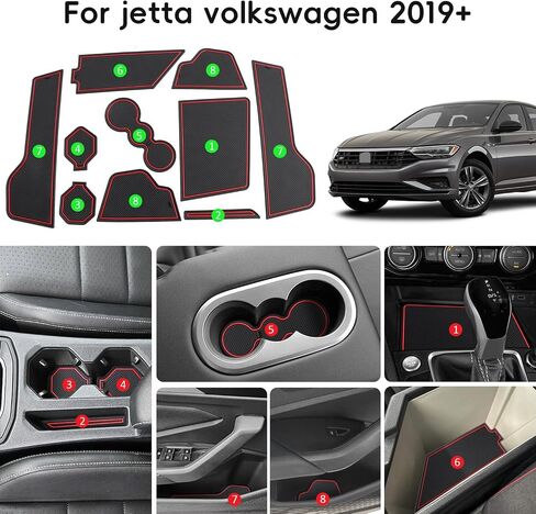 حصائر حماية Auovo لملحقات Volkswagen Jetta 2019-2024 تناسب حامل الأكواب وبطانات وحدة التحكم في الباب وحصيرة الغبار وزخرفة داخلية للسيارة (مجموعة 10 قطع) (أحمر) in Kuwait