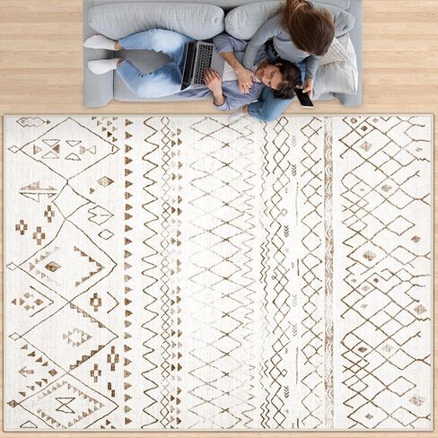 Area Rugs for Living Room 5x7: Washable Boho Geometric Rug Farmhouse Moroccan Rug Indoor Soft Non Slip Ultra Thin Carpet for Bedroom Dorm Dining Room Nursery Home Office (Brown/Green, 5'x7') in Saudi Arabia
