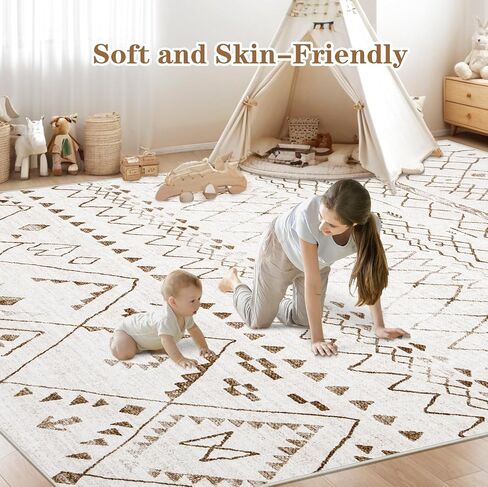 Area Rugs for Living Room 5x7: Washable Boho Geometric Rug Farmhouse Moroccan Rug Indoor Soft Non Slip Ultra Thin Carpet for Bedroom Dorm Dining Room Nursery Home Office (Brown/Green, 5'x7') in Saudi Arabia