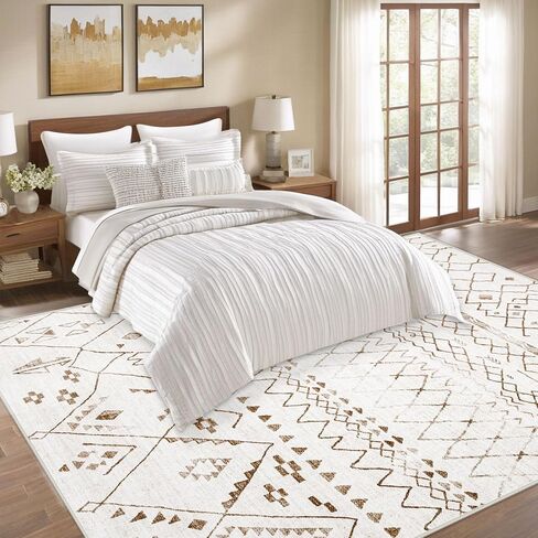 Area Rugs for Living Room 5x7: Washable Boho Geometric Rug Farmhouse Moroccan Rug Indoor Soft Non Slip Ultra Thin Carpet for Bedroom Dorm Dining Room Nursery Home Office (Brown/Green, 5'x7') in Saudi Arabia