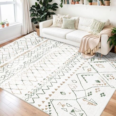 Area Rugs for Living Room 5x7: Washable Boho Geometric Rug Farmhouse Moroccan Rug Indoor Soft Non Slip Ultra Thin Carpet for Bedroom Dorm Dining Room Nursery Home Office (Brown/Green, 5'x7') in Saudi Arabia