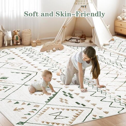 Area Rugs for Living Room 5x7: Washable Boho Geometric Rug Farmhouse Moroccan Rug Indoor Soft Non Slip Ultra Thin Carpet for Bedroom Dorm Dining Room Nursery Home Office (Brown/Green, 5'x7') in Saudi Arabia