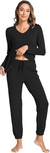 Bamboo Viscose Womens Pajamas Set Long Sleeve V Neck Sleep Sets with Pockets in Saudi Arabia