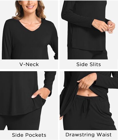 Bamboo Viscose Womens Pajamas Set Long Sleeve V Neck Sleep Sets with Pockets in Saudi Arabia
