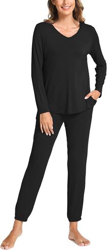Bamboo Viscose Womens Pajamas Set Long Sleeve V Neck Sleep Sets with Pockets in Saudi Arabia