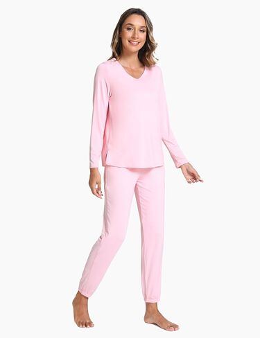 Bamboo Viscose Womens Pajamas Set Long Sleeve V Neck Sleep Sets with Pockets in Saudi Arabia