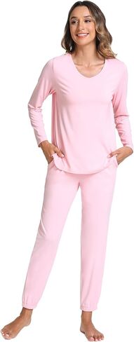 Bamboo Viscose Womens Pajamas Set Long Sleeve V Neck Sleep Sets with Pockets in Saudi Arabia