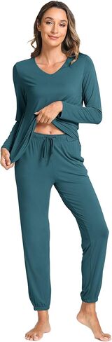 Bamboo Viscose Womens Pajamas Set Long Sleeve V Neck Sleep Sets with Pockets in Kuwait