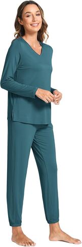 Bamboo Viscose Womens Pajamas Set Long Sleeve V Neck Sleep Sets with Pockets in Kuwait