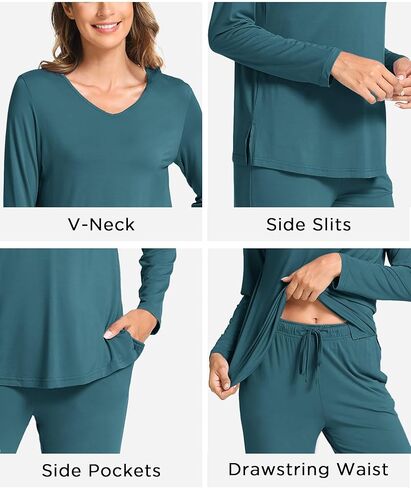 Bamboo Viscose Womens Pajamas Set Long Sleeve V Neck Sleep Sets with Pockets in Kuwait