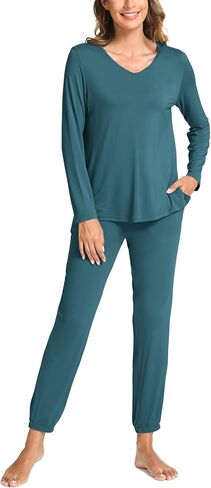 Bamboo Viscose Womens Pajamas Set Long Sleeve V Neck Sleep Sets with Pockets in Kuwait