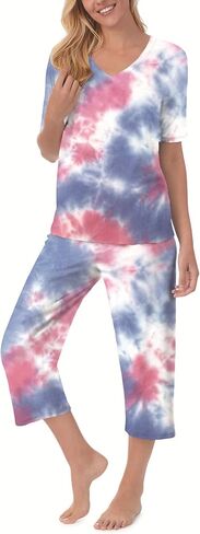 QCIV Womens Pajama Sets V-Neck Short Sleeve Top and Capri Pants with Pockets Sleepwear Set Two Piece PJS in Saudi Arabia