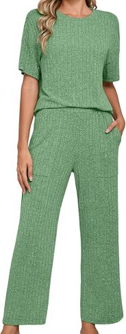 Heymoments Pajamas for Women Ribbed Knit Lounge Set Short Sleeve Top and Sleepwear Pants with Pockets S-XXL in Saudi Arabia