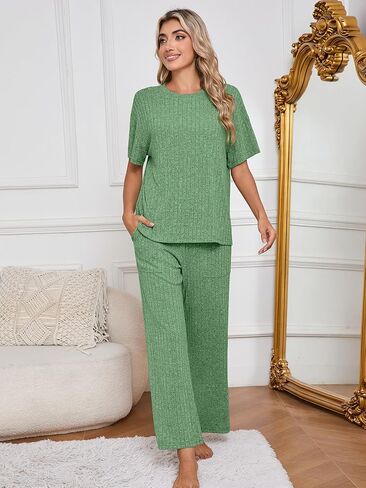 Heymoments Pajamas for Women Ribbed Knit Lounge Set Short Sleeve Top and Sleepwear Pants with Pockets S-XXL in Saudi Arabia