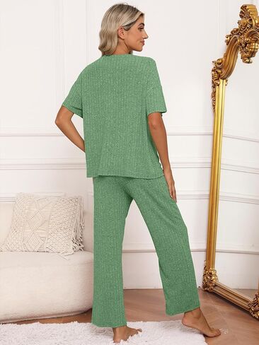 Heymoments Pajamas for Women Ribbed Knit Lounge Set Short Sleeve Top and Sleepwear Pants with Pockets S-XXL in Saudi Arabia