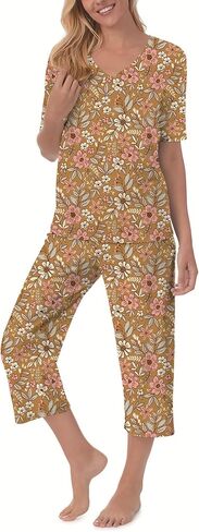 طقم بيجامة نسائي من QCIV برقبة على شكل حرف V وأكمام قصيرة وسروال كابري مع جيوب، طقم ملابس نوم مكون من قطعتين PJS in Kuwait