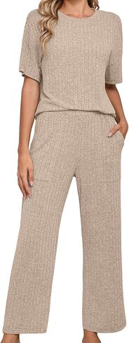 Heymoments Pajamas for Women Ribbed Knit Lounge Set Short Sleeve Top and Sleepwear Pants with Pockets S-XXL in Saudi Arabia