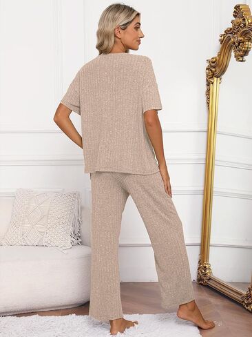 Heymoments Pajamas for Women Ribbed Knit Lounge Set Short Sleeve Top and Sleepwear Pants with Pockets S-XXL in Saudi Arabia