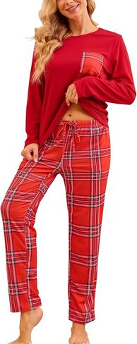 Christmas Pajamas Set for Women Long Sleeve Pjs Soft Sleepwear Plaid Pant with Pockets in Kuwait