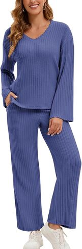WOWENY Womens 2 Piece Outfits Lounge Sets With Pockets Long Sleeve V Neck Ribbed Pajama Sets Casual Wide Leg Pants Loungewear in Kuwait