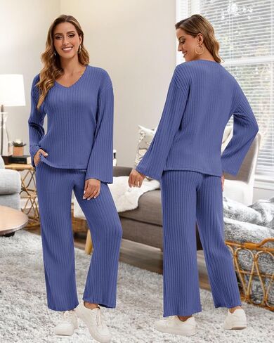 WOWENY Womens 2 Piece Outfits Lounge Sets With Pockets Long Sleeve V Neck Ribbed Pajama Sets Casual Wide Leg Pants Loungewear in Kuwait