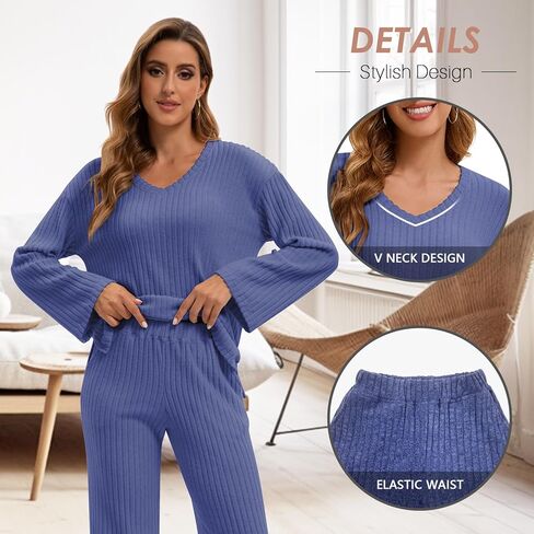 WOWENY Womens 2 Piece Outfits Lounge Sets With Pockets Long Sleeve V Neck Ribbed Pajama Sets Casual Wide Leg Pants Loungewear in Kuwait