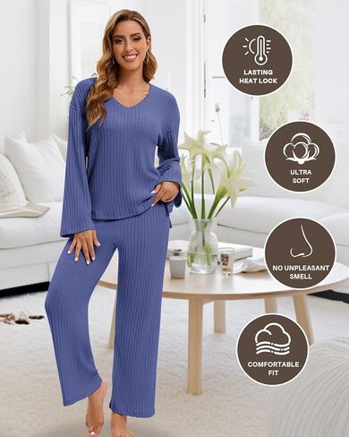 WOWENY Womens 2 Piece Outfits Lounge Sets With Pockets Long Sleeve V Neck Ribbed Pajama Sets Casual Wide Leg Pants Loungewear in Kuwait