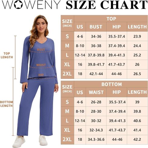 WOWENY Womens 2 Piece Outfits Lounge Sets With Pockets Long Sleeve V Neck Ribbed Pajama Sets Casual Wide Leg Pants Loungewear in Kuwait