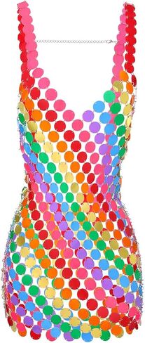 فستان صغير من EARENT بترتر قوس قزح برقبة على شكل حرف V بدون أكمام، فساتين سهلة الارتداء بسلسلة البريد، ملابس نادي الحفلات للنساء، مقاس متوسط in Kuwait