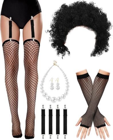 Mepase 9 قطع من إكسسوارات زي فيلم الرعب في الهالوين في السبعينيات، تتضمن قفازات شبكة صيد السمك، وأشرطة رباط، وأقراط كبيرة من اللؤلؤ المقلد، شعر مستعار أسود مجعد للرجال البالغين في الحفلات التنكرية in Kuwait