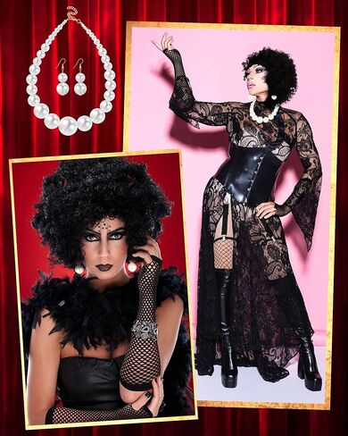 Mepase 9 قطع من إكسسوارات زي فيلم الرعب في الهالوين في السبعينيات، تتضمن قفازات شبكة صيد السمك، وأشرطة رباط، وأقراط كبيرة من اللؤلؤ المقلد، شعر مستعار أسود مجعد للرجال البالغين في الحفلات التنكرية in Kuwait