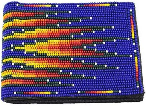 Handmade Men's Leather Wallet Hand beaded seed bead Inspired from Native american handicraft One of its kind (Blue-red) in Saudi Arabia