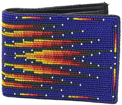 Handmade Men's Leather Wallet Hand beaded seed bead Inspired from Native american handicraft One of its kind (Blue-red) in Saudi Arabia