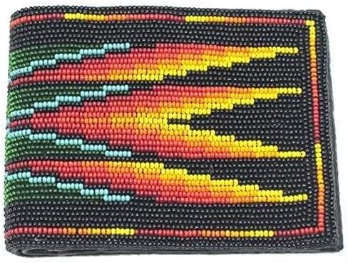 Handmade Men's Leather Wallet Hand beaded seed bead Inspired from Native american handicraft One of its kind (Blue-red) in Kuwait