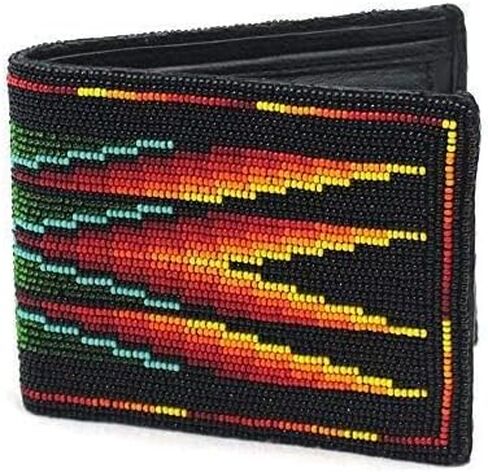 Handmade Men's Leather Wallet Hand beaded seed bead Inspired from Native american handicraft One of its kind (Blue-red) in Kuwait