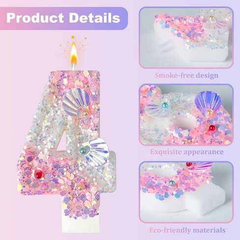 Zlongron Pink Number Candles, Handmade Shell Sequin Birthday Candles, Suitable for Birthdays, Anniversaries, commemorations, Theme Party Supplies, Decorations Number 4 Candle in Kuwait