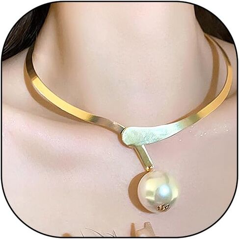 Chunky Pearls Choker Necklace for Women 14K Gold Plated Big Pearl Cuff Collar Necklace Thick Pearl Strands Clavicle Necklace Accessories Gifts in Kuwait